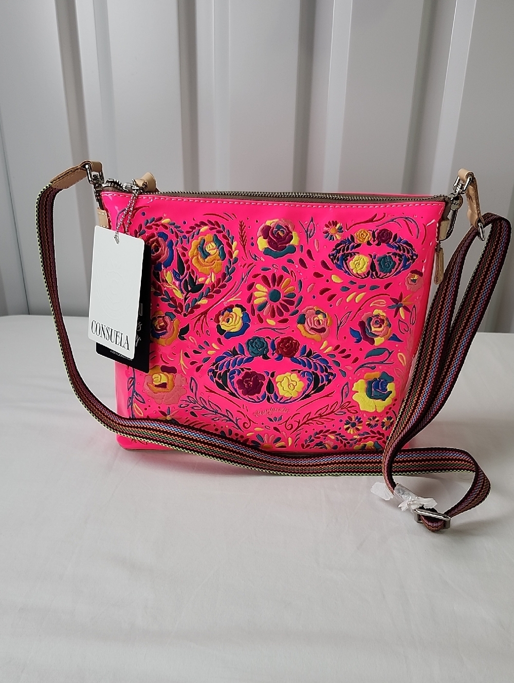 Consuela Downtown XO Hot Pink Floral Embroidered Crossbody 10x12x3